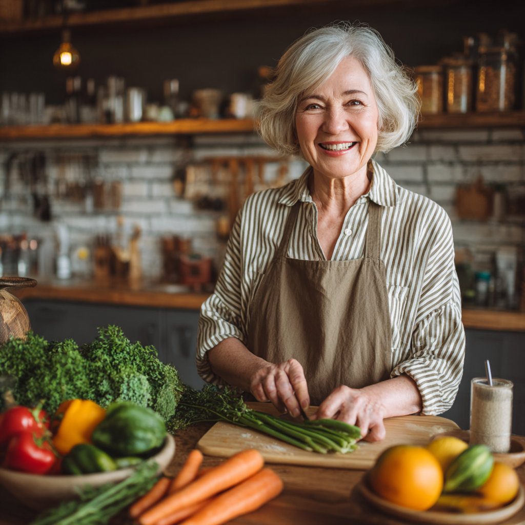 Smiling elderly European woman holding fresh vegetables and fruits, looking healthy and energetic