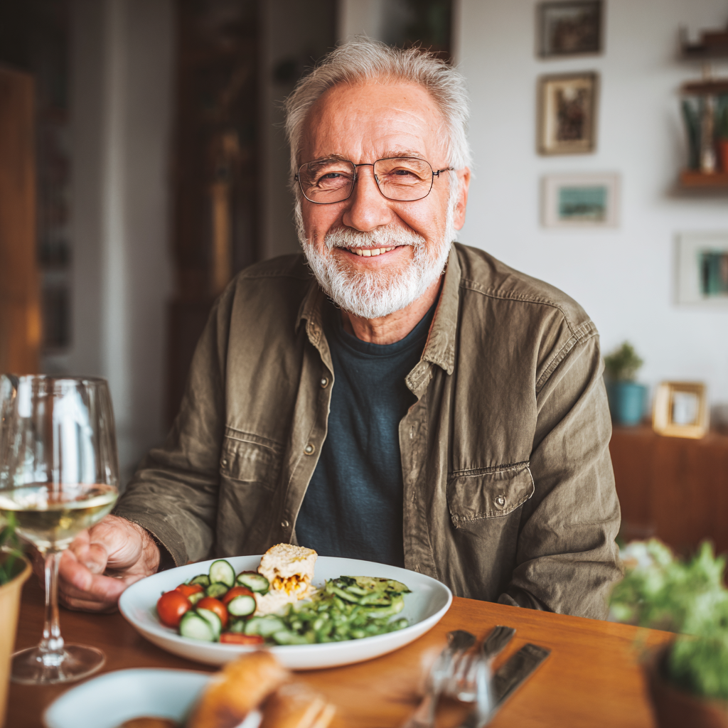 Elderly European man in kitchen preparing healthy meal with colorful vegetables and grains, smiling confidently